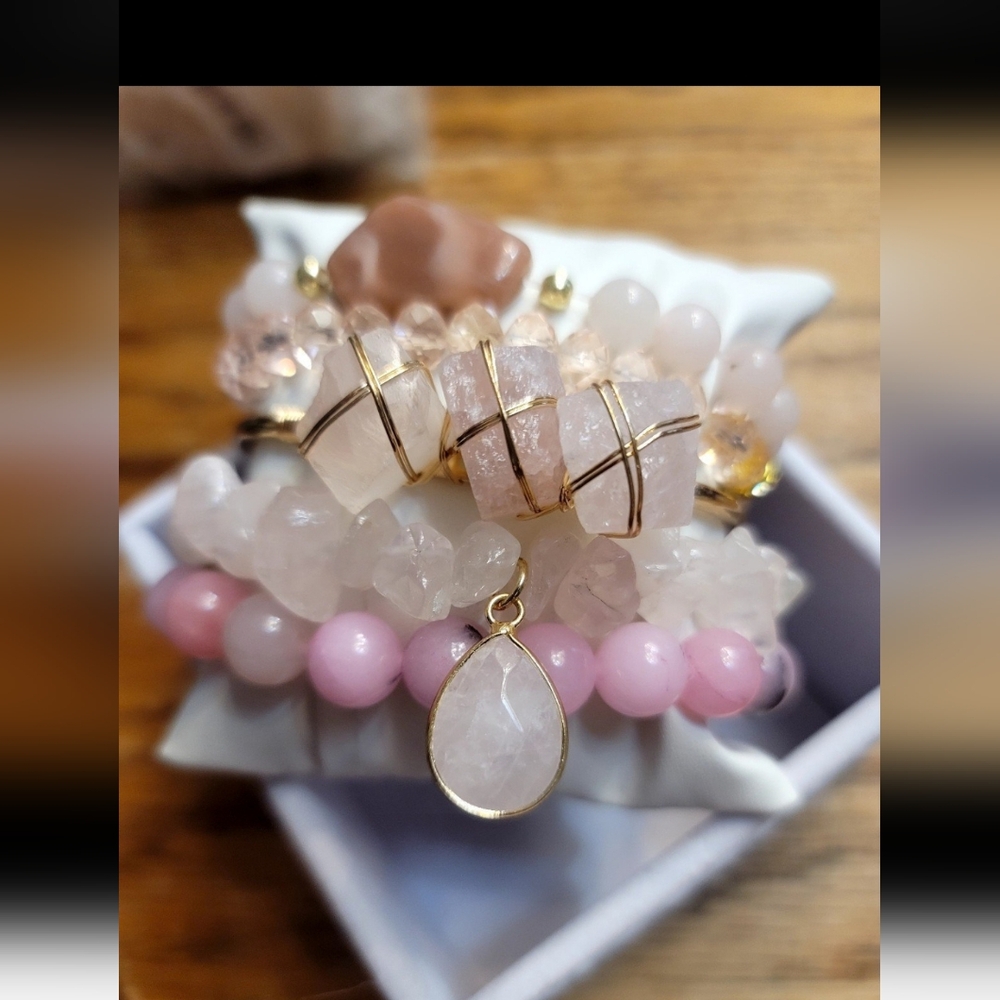The Debi Bracelet. Elegant Pink and Gold Women's Bracelet Set. Real Stones